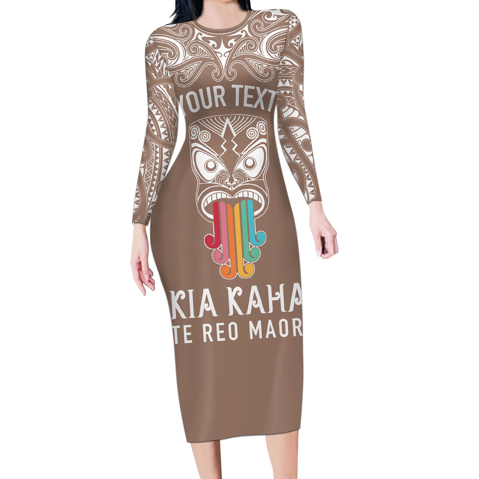 personalised-kia-kaha-te-reo-maori-long-sleeve-bodycon-dress-hei-tiki-mix-koru-brown