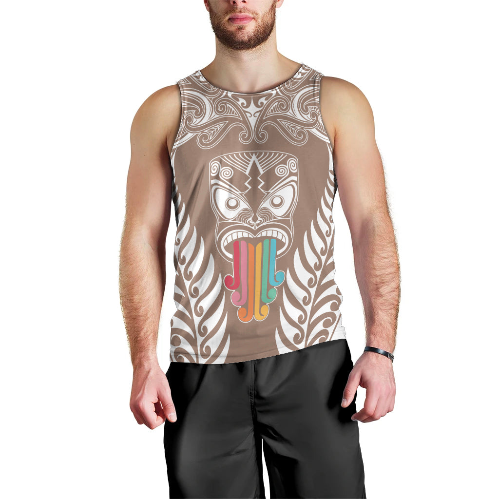 Personalised Kia Kaha Te Reo Maori Men Tank Top Hei Tiki Mix Koru - Brown LT7 - Polynesian Pride