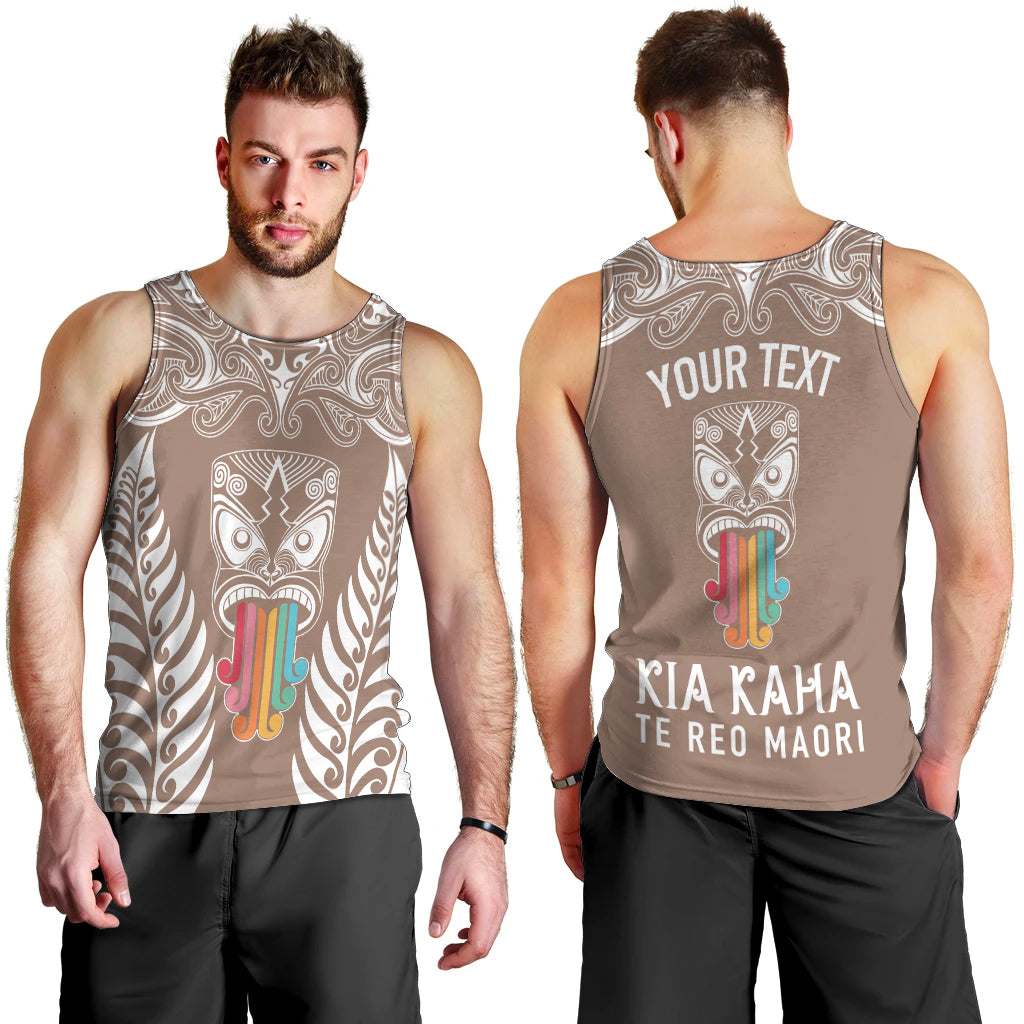Personalised Kia Kaha Te Reo Maori Men Tank Top Hei Tiki Mix Koru - Brown LT7 - Polynesian Pride