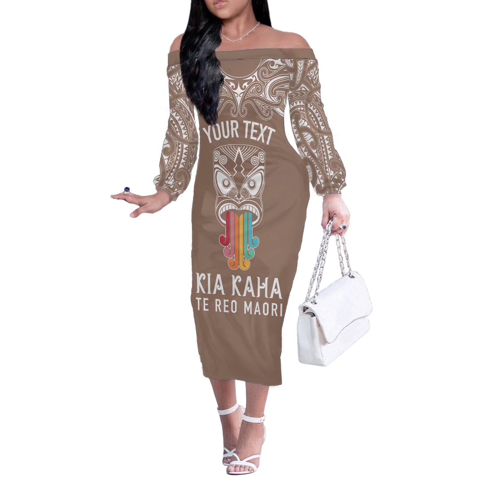 personalised-kia-kaha-te-reo-maori-off-the-shoulder-long-sleeve-dress-hei-tiki-mix-koru-brown