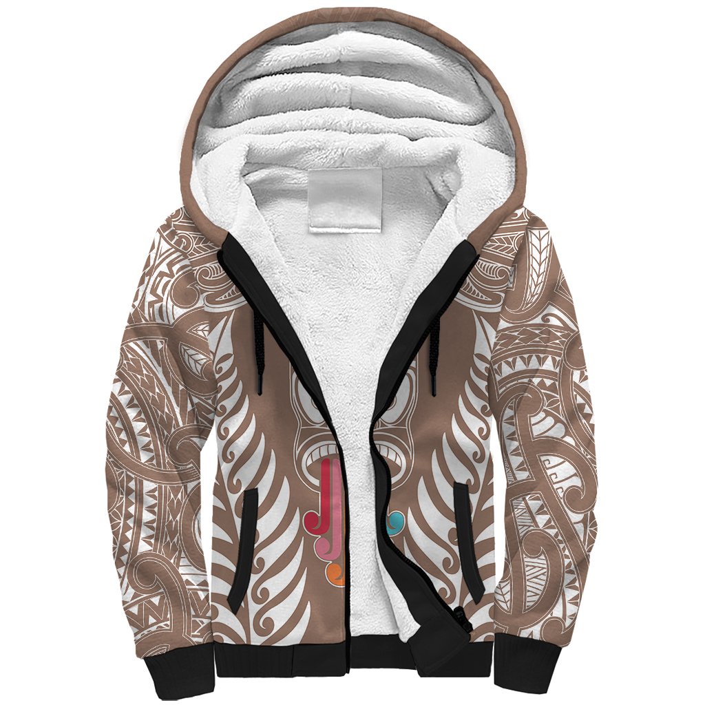 Personalised Kia Kaha Te Reo Maori Sherpa Hoodie Hei Tiki Mix Koru - Brown LT7 Unisex Brown - Polynesian Pride
