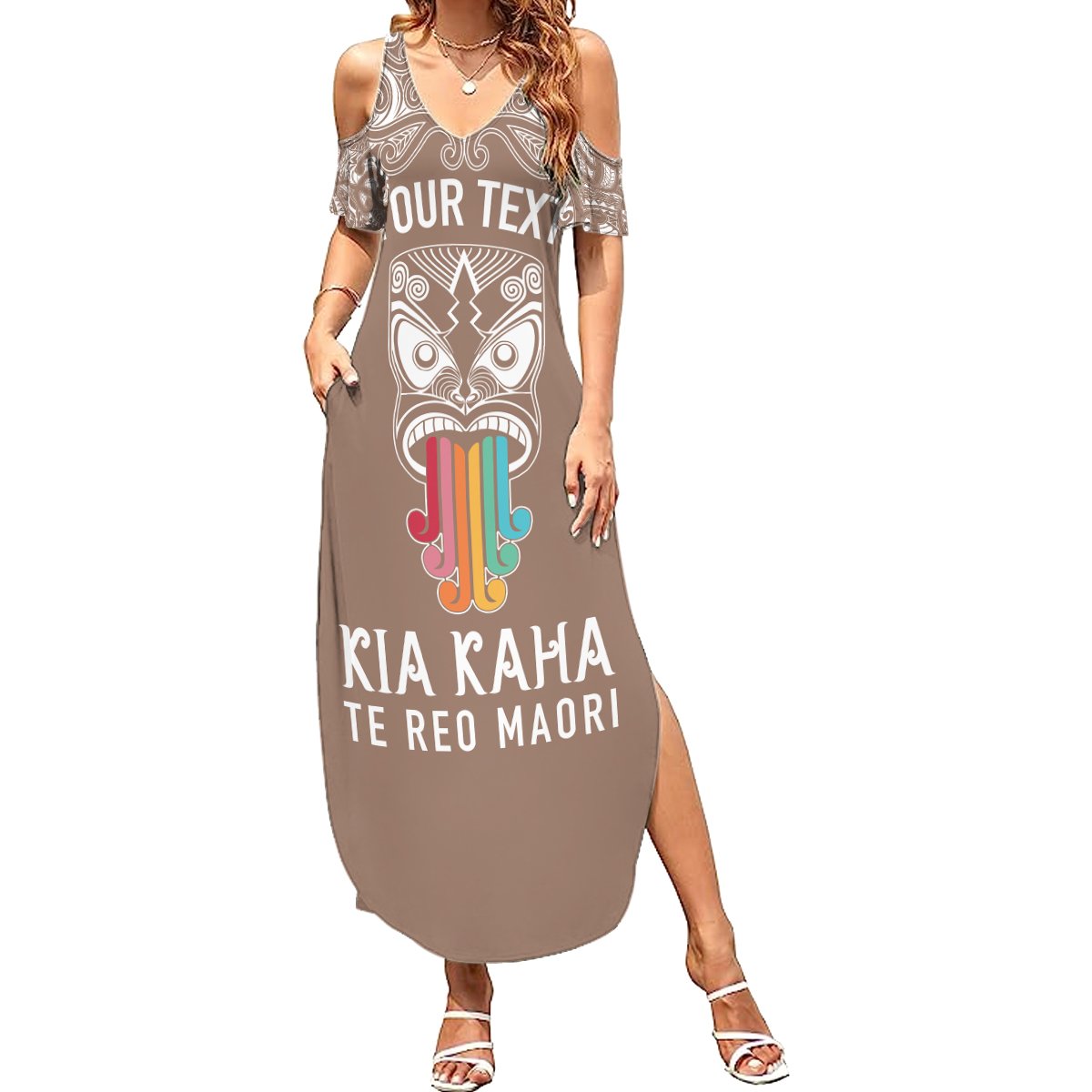 Personalised Kia Kaha Te Reo Maori Summer Maxi Dress Hei Tiki Mix Koru - Brown LT7 Women Brown - Polynesian Pride