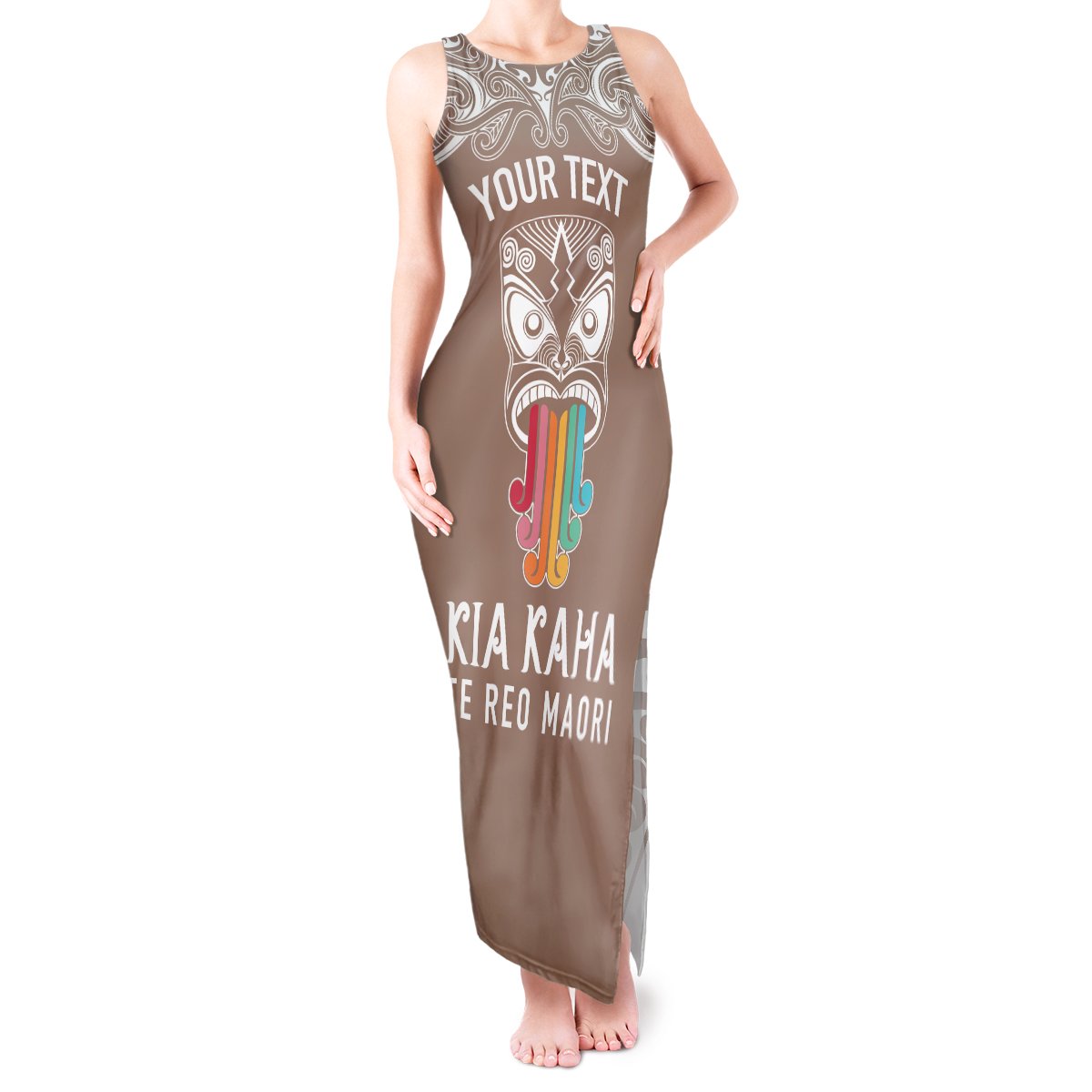 Personalised Kia Kaha Te Reo Maori Tank Maxi Dress Hei Tiki Mix Koru - Brown LT7 Women Brown - Polynesian Pride