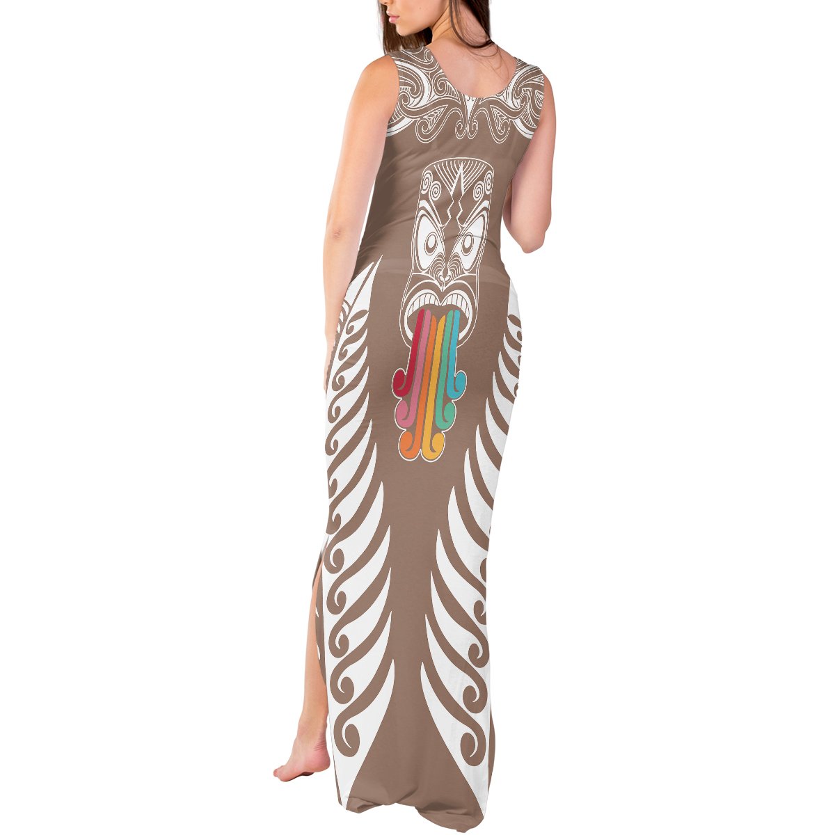 Personalised Kia Kaha Te Reo Maori Tank Maxi Dress Hei Tiki Mix Koru - Brown LT7 - Polynesian Pride