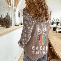 personalised-kia-kaha-te-reo-maori-women-casual-shirt-hei-tiki-mix-koru-brown