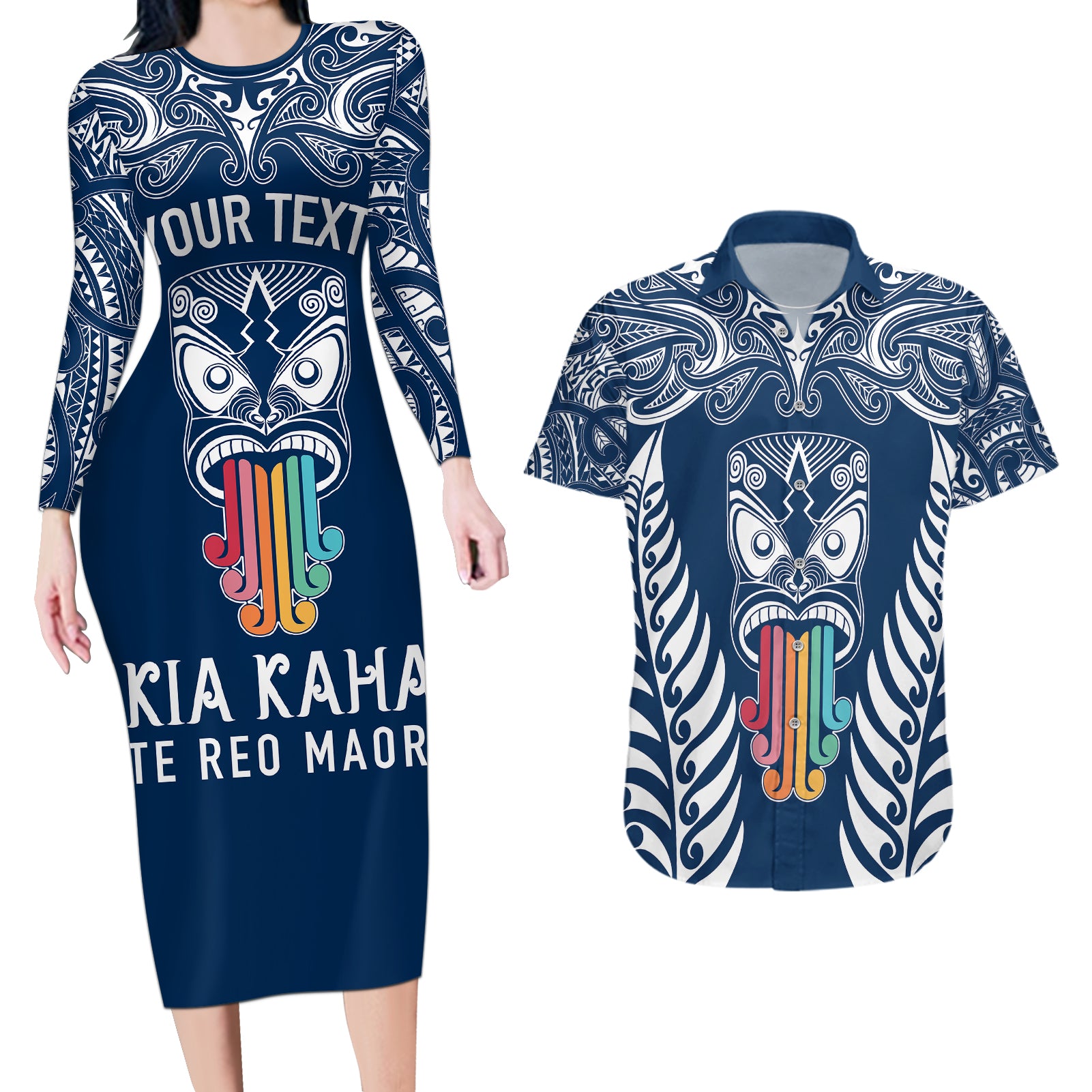 personalised-kia-kaha-te-reo-maori-couples-matching-long-sleeve-bodycon-dress-and-hawaiian-shirt-hei-tiki-mix-koru-navy-blue