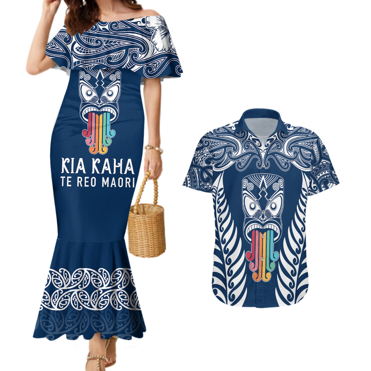 personalised-kia-kaha-te-reo-maori-couples-matching-mermaid-dress-and-hawaiian-shirt-hei-tiki-mix-koru-navy-blue