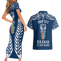 Personalised Kia Kaha Te Reo Maori Couples Matching Short Sleeve Bodycon Dress and Hawaiian Shirt Hei Tiki Mix Koru - Navy Blue LT7 - Polynesian Pride