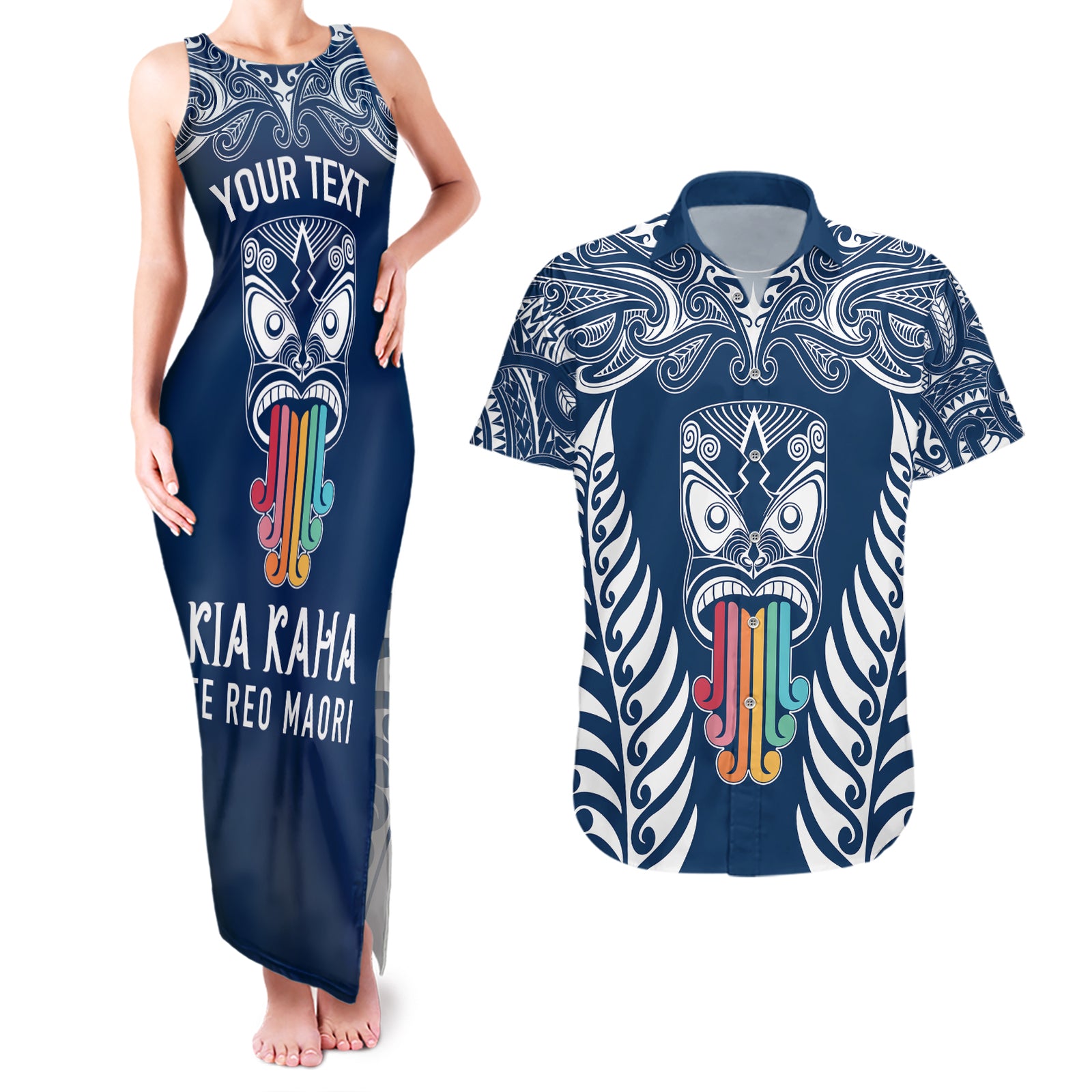 Personalised Kia Kaha Te Reo Maori Couples Matching Tank Maxi Dress and Hawaiian Shirt Hei Tiki Mix Koru - Navy Blue LT7 Navy - Polynesian Pride