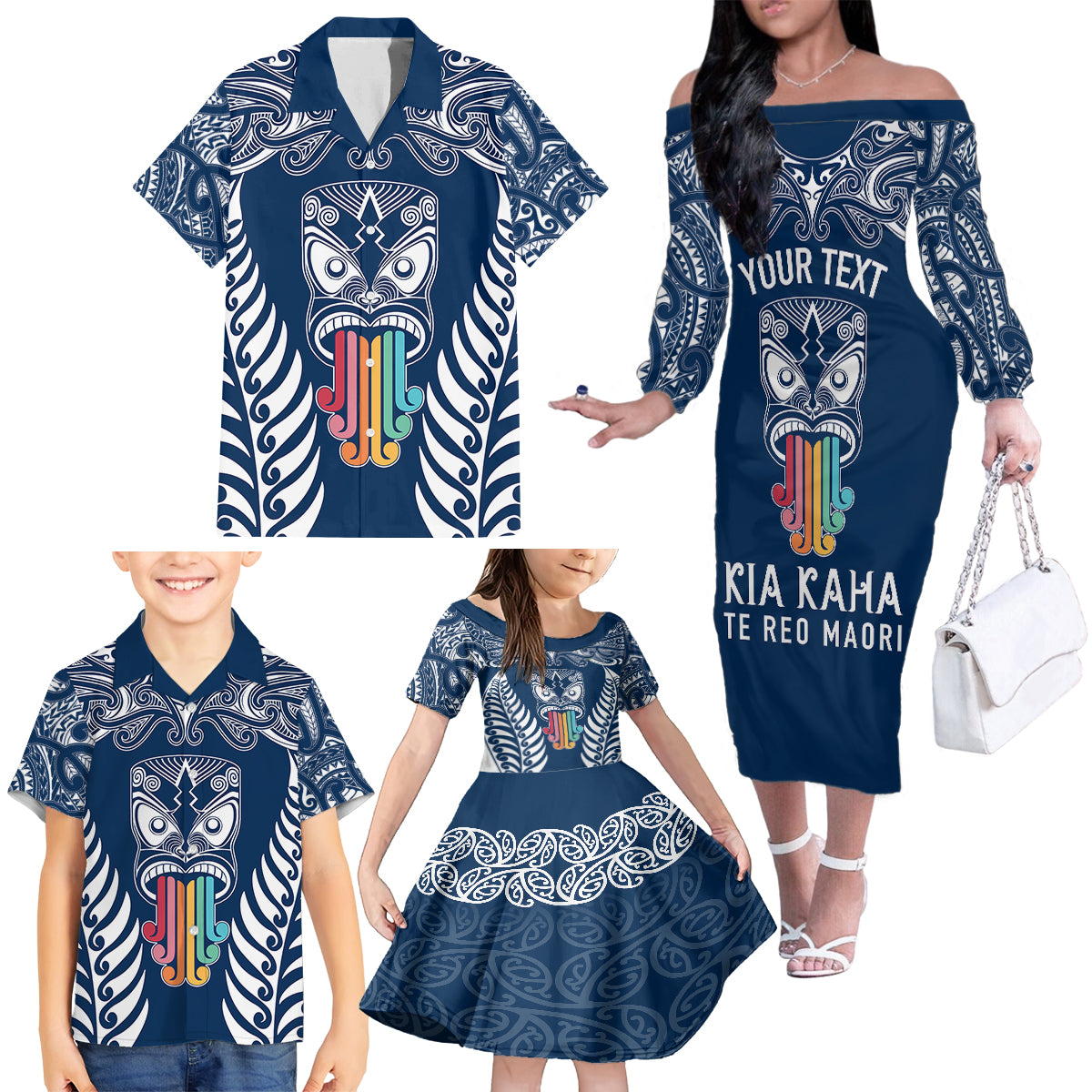 personalised-kia-kaha-te-reo-maori-family-matching-off-shoulder-long-sleeve-dress-and-hawaiian-shirt-hei-tiki-mix-koru-navy-blue