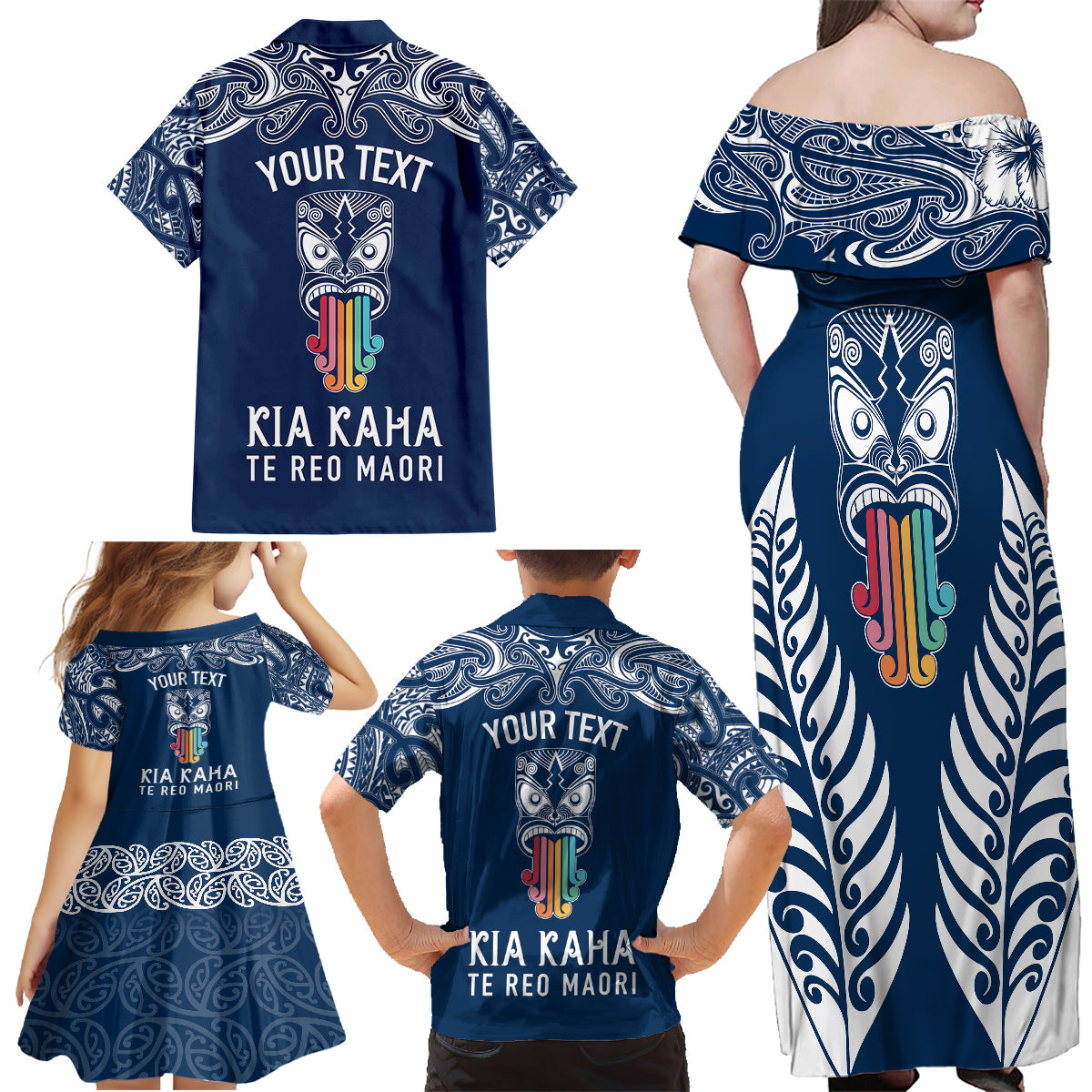 personalised-kia-kaha-te-reo-maori-family-matching-off-shoulder-long-sleeve-dress-and-hawaiian-shirt-hei-tiki-mix-koru-navy-blue