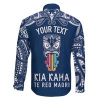 personalised-kia-kaha-te-reo-maori-family-matching-off-shoulder-long-sleeve-dress-and-hawaiian-shirt-hei-tiki-mix-koru-navy-blue