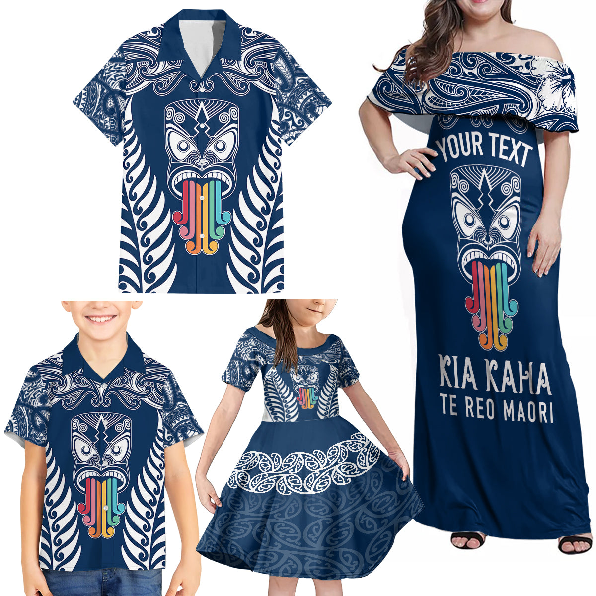 personalised-kia-kaha-te-reo-maori-family-matching-off-shoulder-maxi-dress-and-hawaiian-shirt-hei-tiki-mix-koru-navy-blue