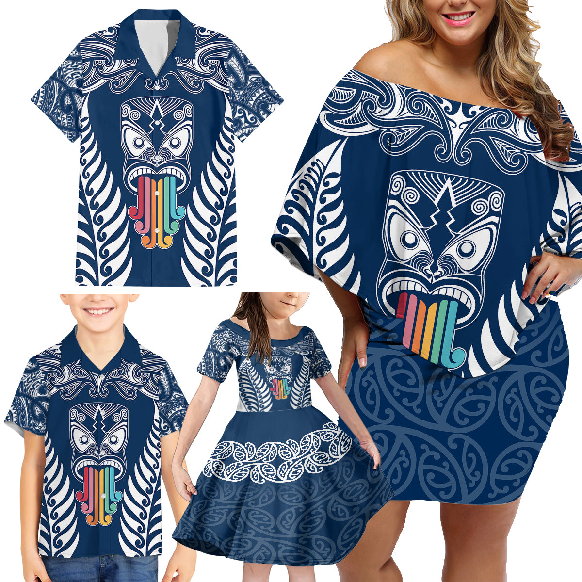 personalised-kia-kaha-te-reo-maori-family-matching-off-shoulder-short-dress-and-hawaiian-shirt-hei-tiki-mix-koru-navy-blue