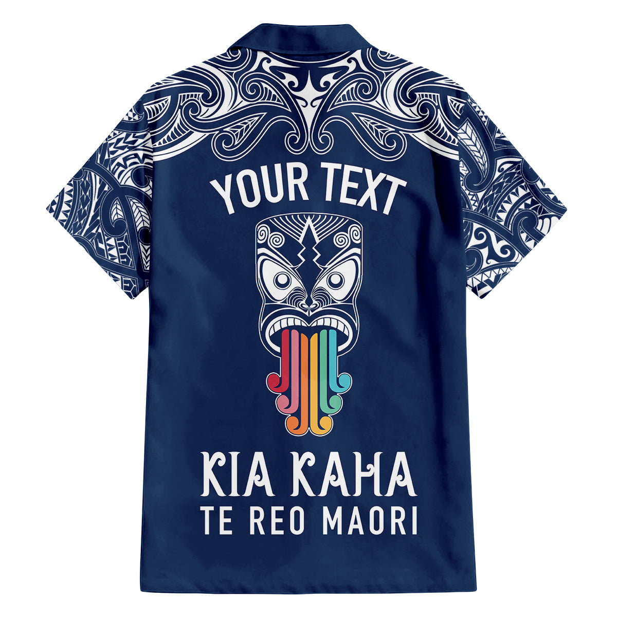 personalised-kia-kaha-te-reo-maori-family-matching-off-shoulder-short-dress-and-hawaiian-shirt-hei-tiki-mix-koru-navy-blue