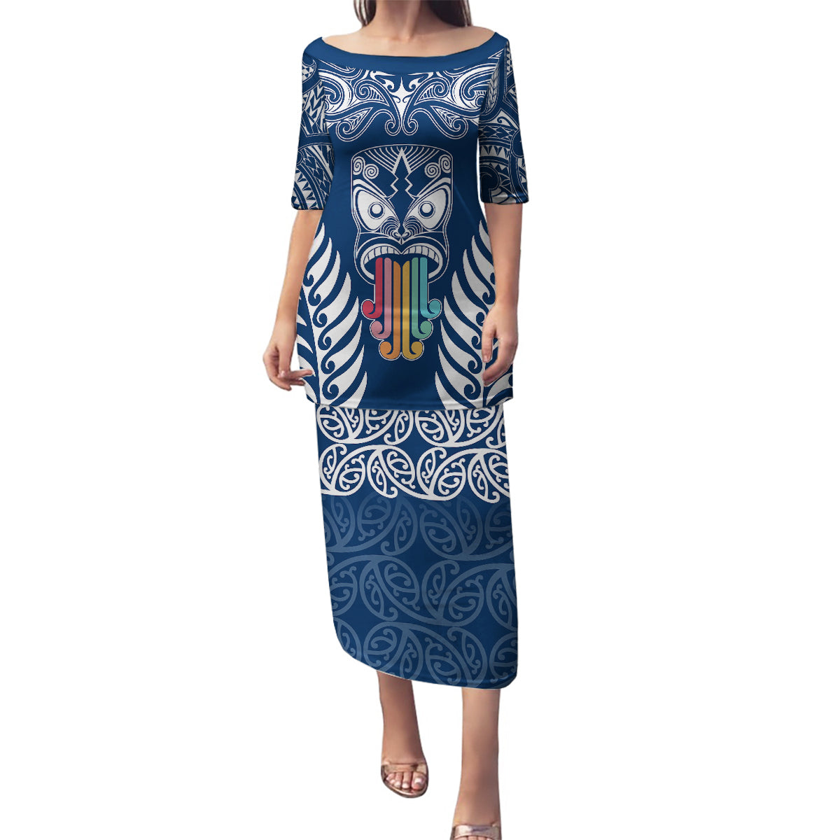Personalised Kia Kaha Te Reo Maori Family Matching Puletasi Dress and Hawaiian Shirt Hei Tiki Mix Koru - Navy Blue LT7 Mom's Dress Navy - Polynesian Pride