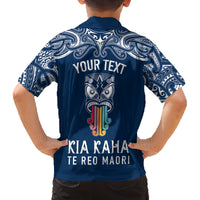 Personalised Kia Kaha Te Reo Maori Kid Hawaiian Shirt Hei Tiki Mix Koru - Navy Blue LT7 - Polynesian Pride
