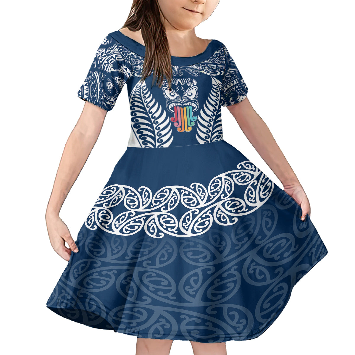 Personalised Kia Kaha Te Reo Maori Kid Short Sleeve Dress Hei Tiki Mix Koru - Navy Blue LT7 KID Navy - Polynesian Pride