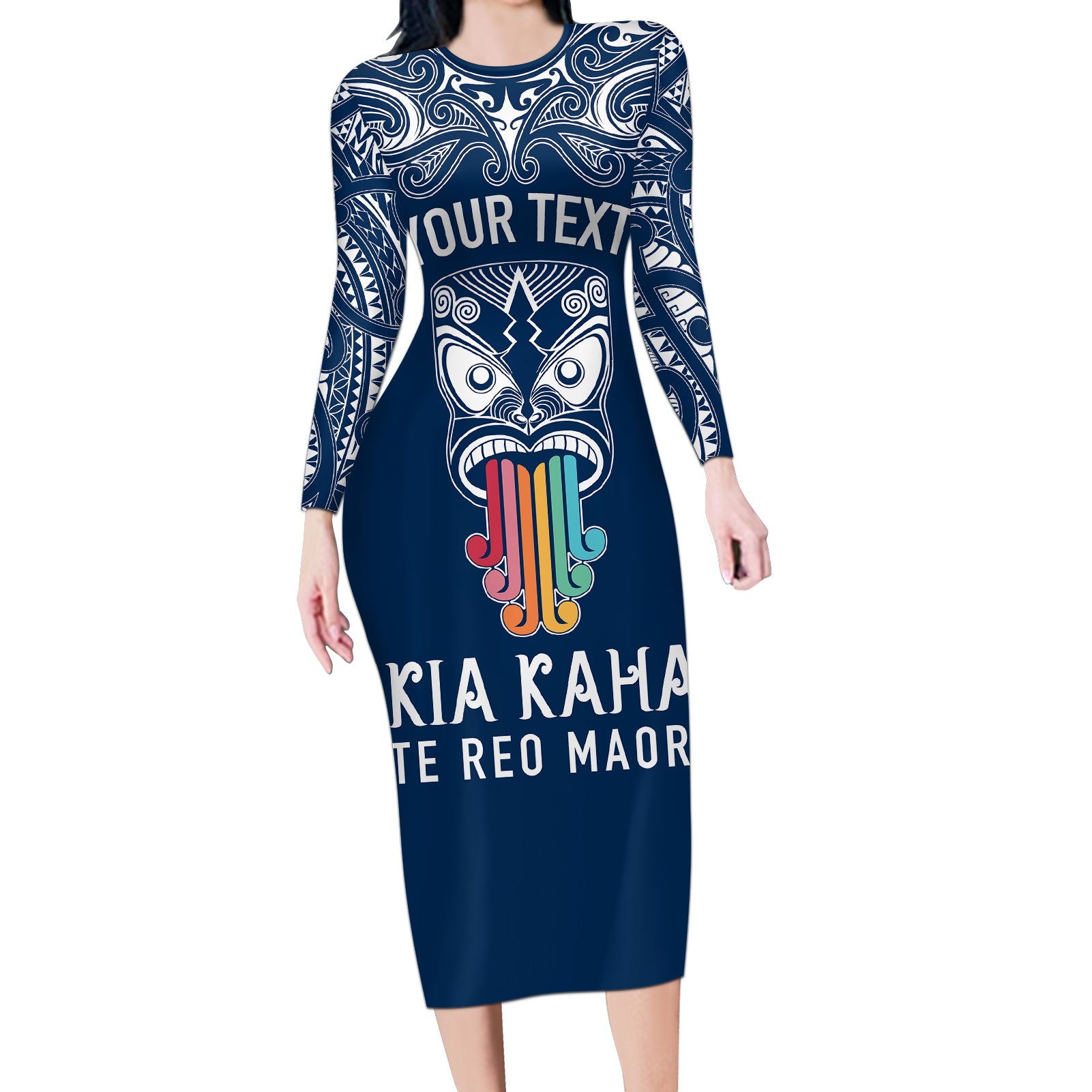 personalised-kia-kaha-te-reo-maori-long-sleeve-bodycon-dress-hei-tiki-mix-koru-navy-blue