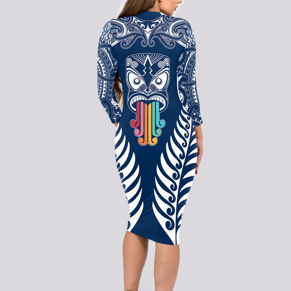 personalised-kia-kaha-te-reo-maori-long-sleeve-bodycon-dress-hei-tiki-mix-koru-navy-blue