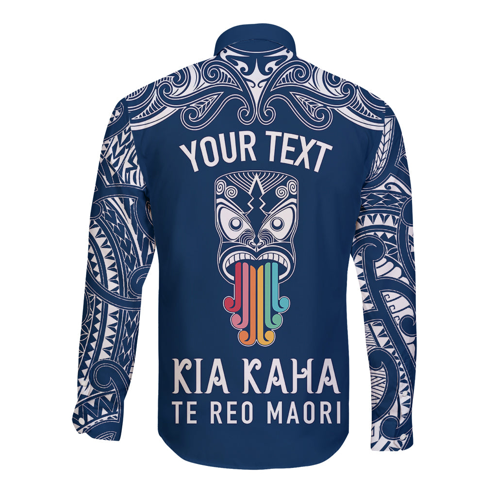 personalised-kia-kaha-te-reo-maori-long-sleeve-button-shirt-hei-tiki-mix-koru-navy-blue