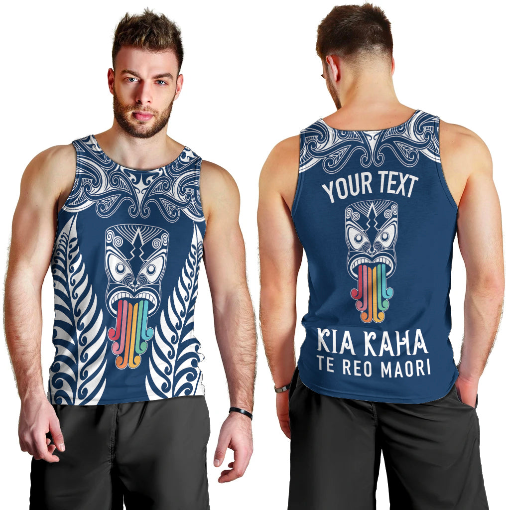 Personalised Kia Kaha Te Reo Maori Men Tank Top Hei Tiki Mix Koru - Navy Blue LT7 - Polynesian Pride