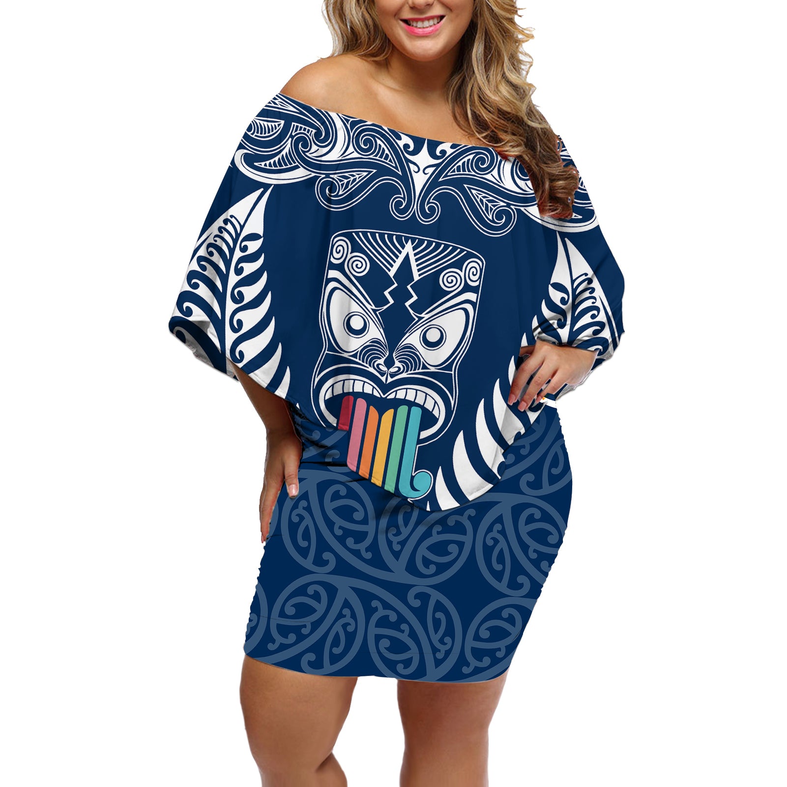 personalised-kia-kaha-te-reo-maori-off-shoulder-short-dress-hei-tiki-mix-koru-navy-blue