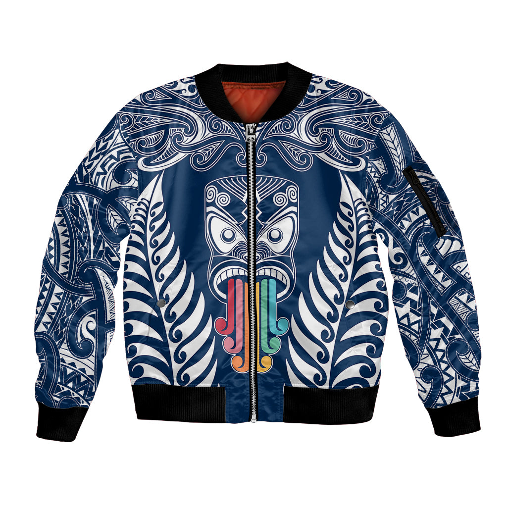 Personalised Kia Kaha Te Reo Maori Sleeve Zip Bomber Jacket Hei Tiki Mix Koru - Navy Blue LT7 Unisex Navy - Polynesian Pride