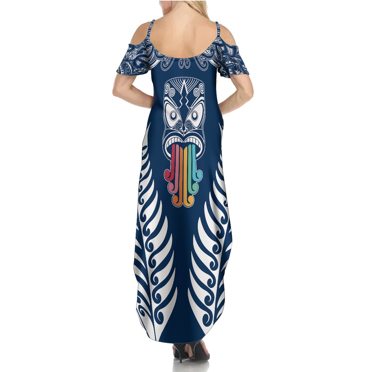 Personalised Kia Kaha Te Reo Maori Summer Maxi Dress Hei Tiki Mix Koru - Navy Blue LT7 - Polynesian Pride