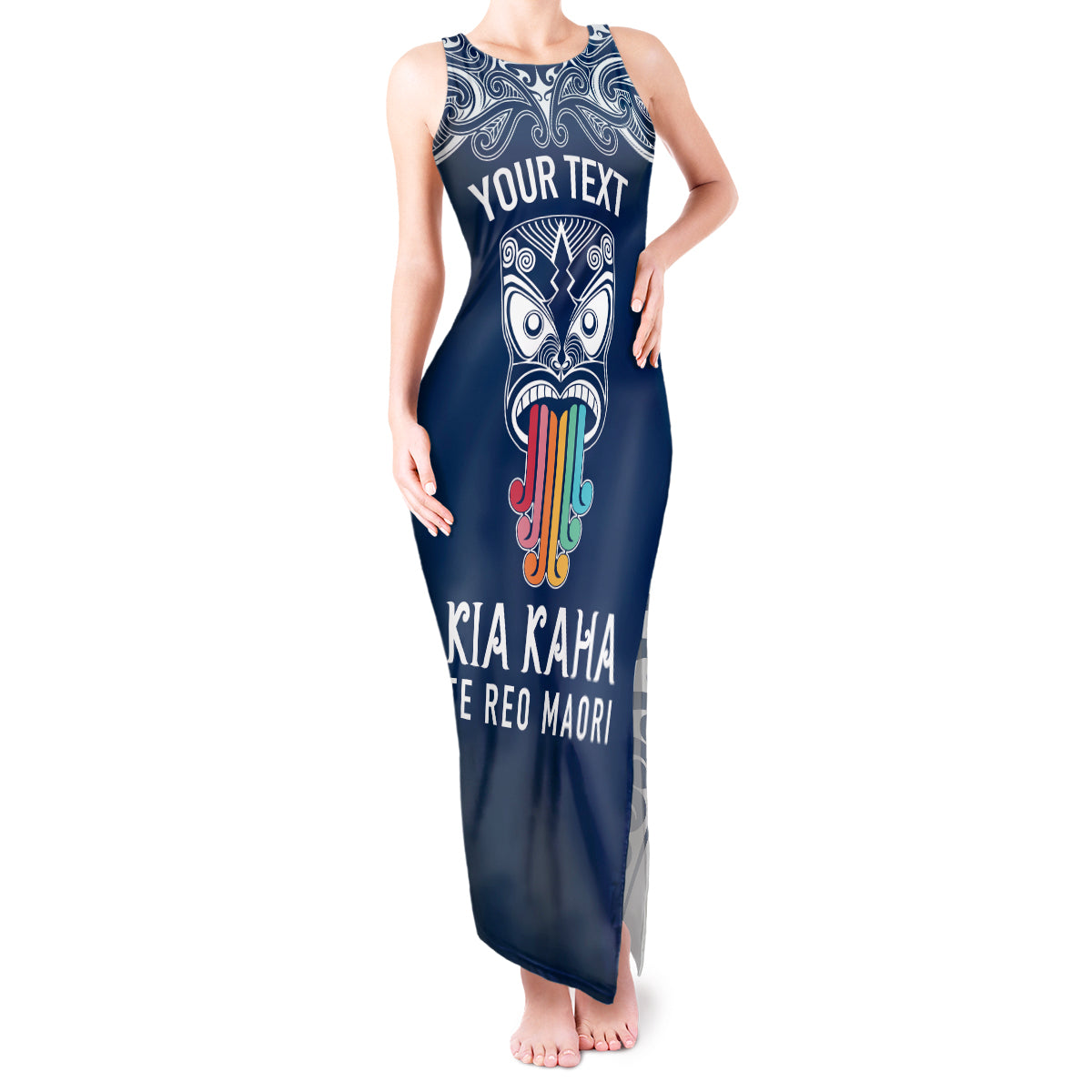 personalised-kia-kaha-te-reo-maori-tank-maxi-dress-hei-tiki-mix-koru-navy-blue