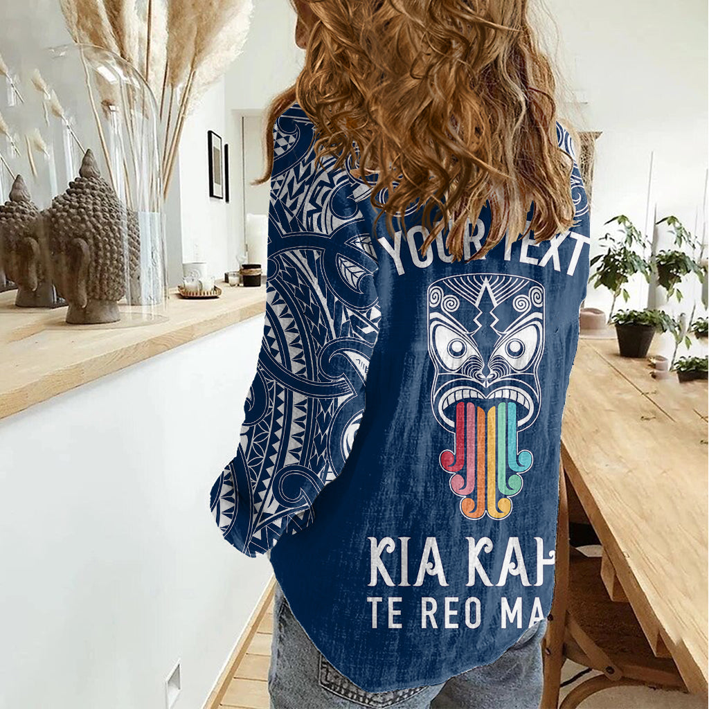 personalised-kia-kaha-te-reo-maori-women-casual-shirt-hei-tiki-mix-koru-navy-blue
