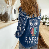 personalised-kia-kaha-te-reo-maori-women-casual-shirt-hei-tiki-mix-koru-navy-blue