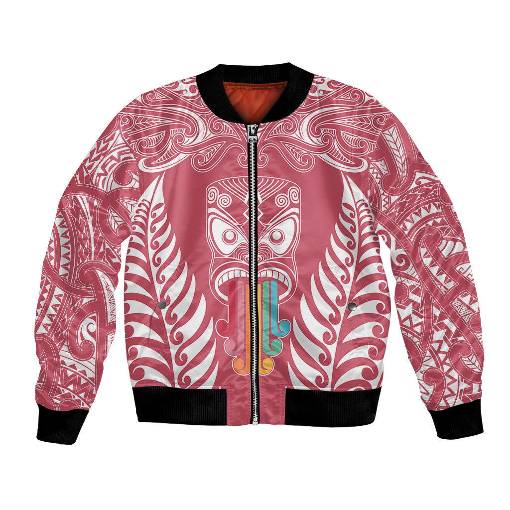 Personalised Kia Kaha Te Reo Maori Bomber Jacket Hei Tiki Mix Koru - Pink LT7 Unisex Pink - Polynesian Pride