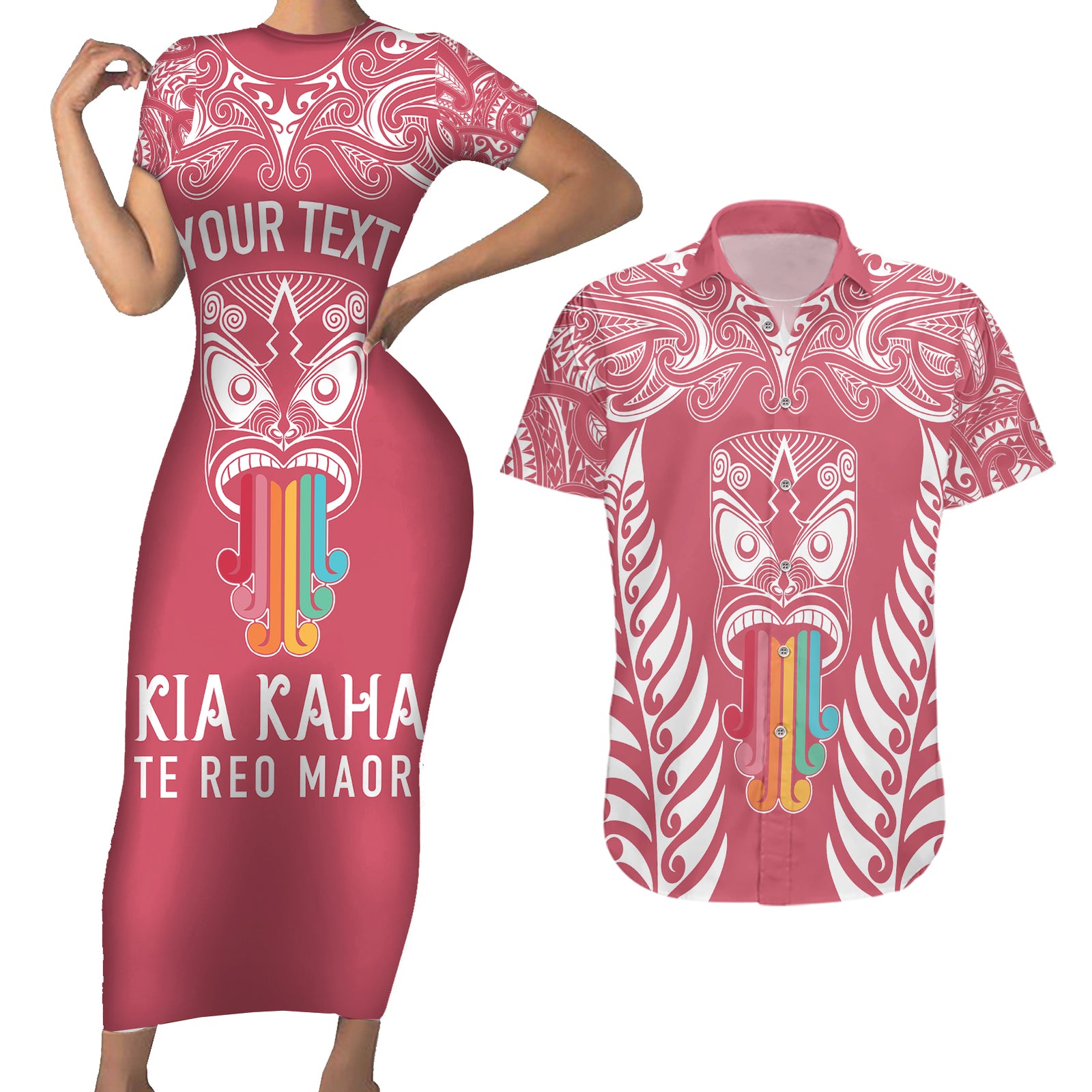 Personalised Kia Kaha Te Reo Maori Couples Matching Short Sleeve Bodycon Dress and Hawaiian Shirt Hei Tiki Mix Koru - Pink LT7 Pink - Polynesian Pride