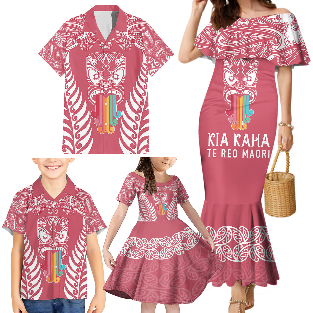 personalised-kia-kaha-te-reo-maori-family-matching-mermaid-dress-and-hawaiian-shirt-hei-tiki-mix-koru-pink