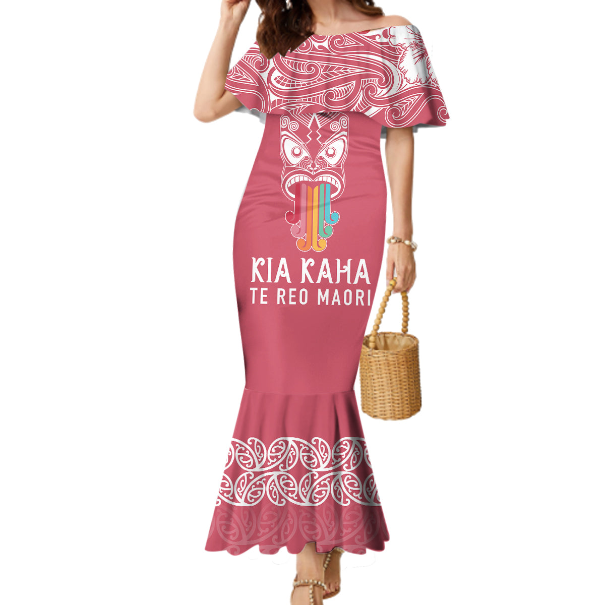 personalised-kia-kaha-te-reo-maori-family-matching-mermaid-dress-and-hawaiian-shirt-hei-tiki-mix-koru-pink