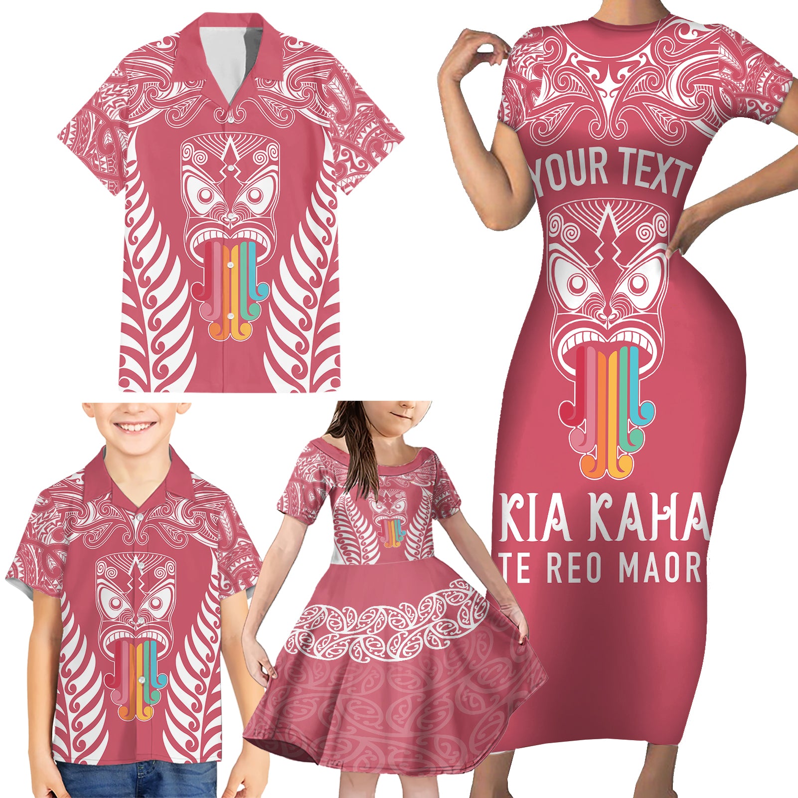 personalised-kia-kaha-te-reo-maori-family-matching-short-sleeve-bodycon-dress-and-hawaiian-shirt-hei-tiki-mix-koru-pink