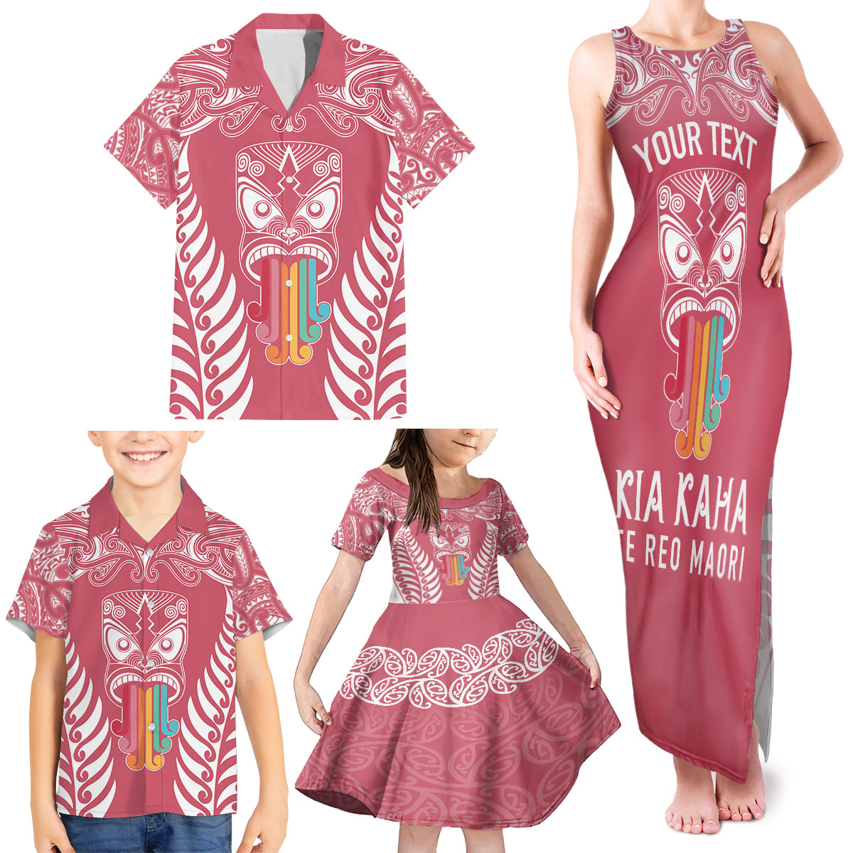 personalised-kia-kaha-te-reo-maori-family-matching-tank-maxi-dress-and-hawaiian-shirt-hei-tiki-mix-koru-pink