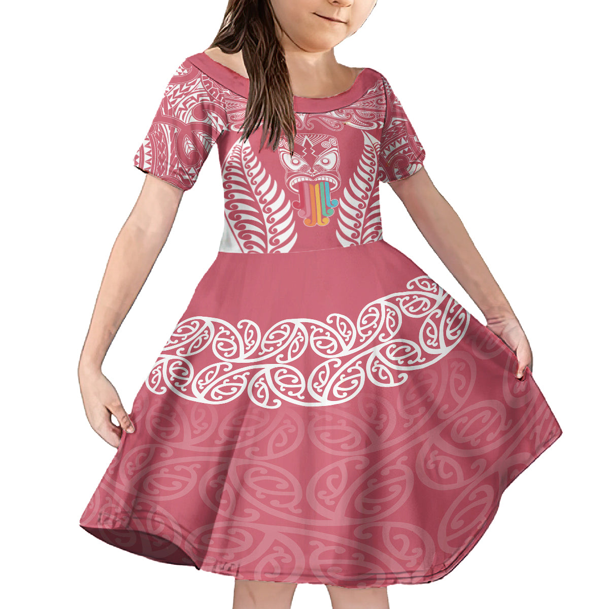 Personalised Kia Kaha Te Reo Maori Kid Short Sleeve Dress Hei Tiki Mix Koru - Pink LT7 KID Pink - Polynesian Pride