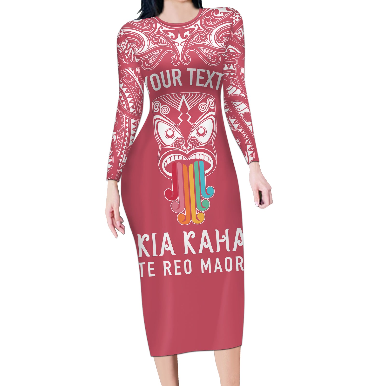 personalised-kia-kaha-te-reo-maori-long-sleeve-bodycon-dress-hei-tiki-mix-koru-pink