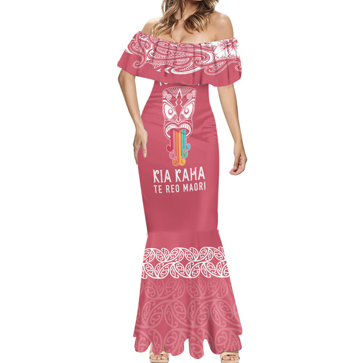 personalised-kia-kaha-te-reo-maori-mermaid-dress-hei-tiki-mix-koru-pink
