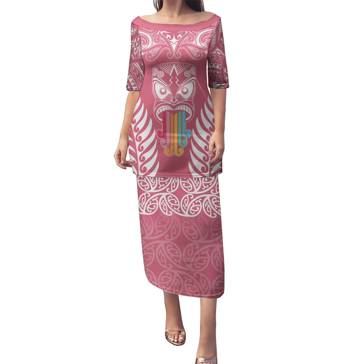 Personalised Kia Kaha Te Reo Maori Puletasi Hei Tiki Mix Koru - Pink LT7 Long Dress Pink - Polynesian Pride