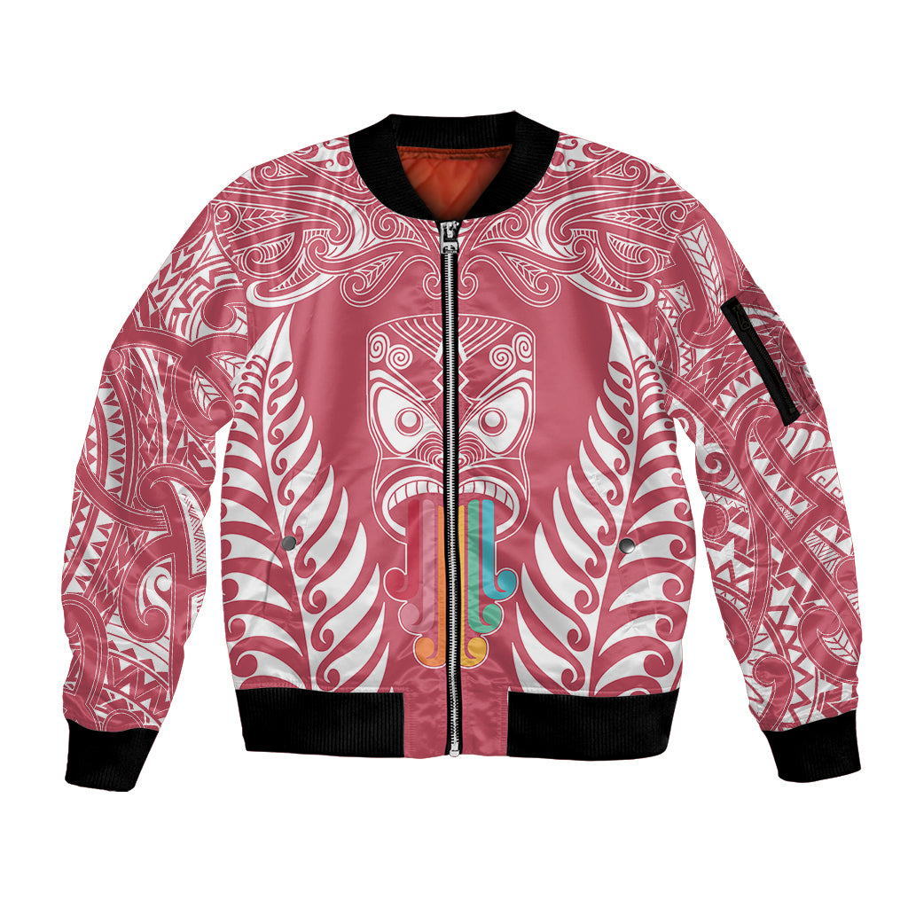 Personalised Kia Kaha Te Reo Maori Sleeve Zip Bomber Jacket Hei Tiki Mix Koru - Pink LT7 Unisex Pink - Polynesian Pride