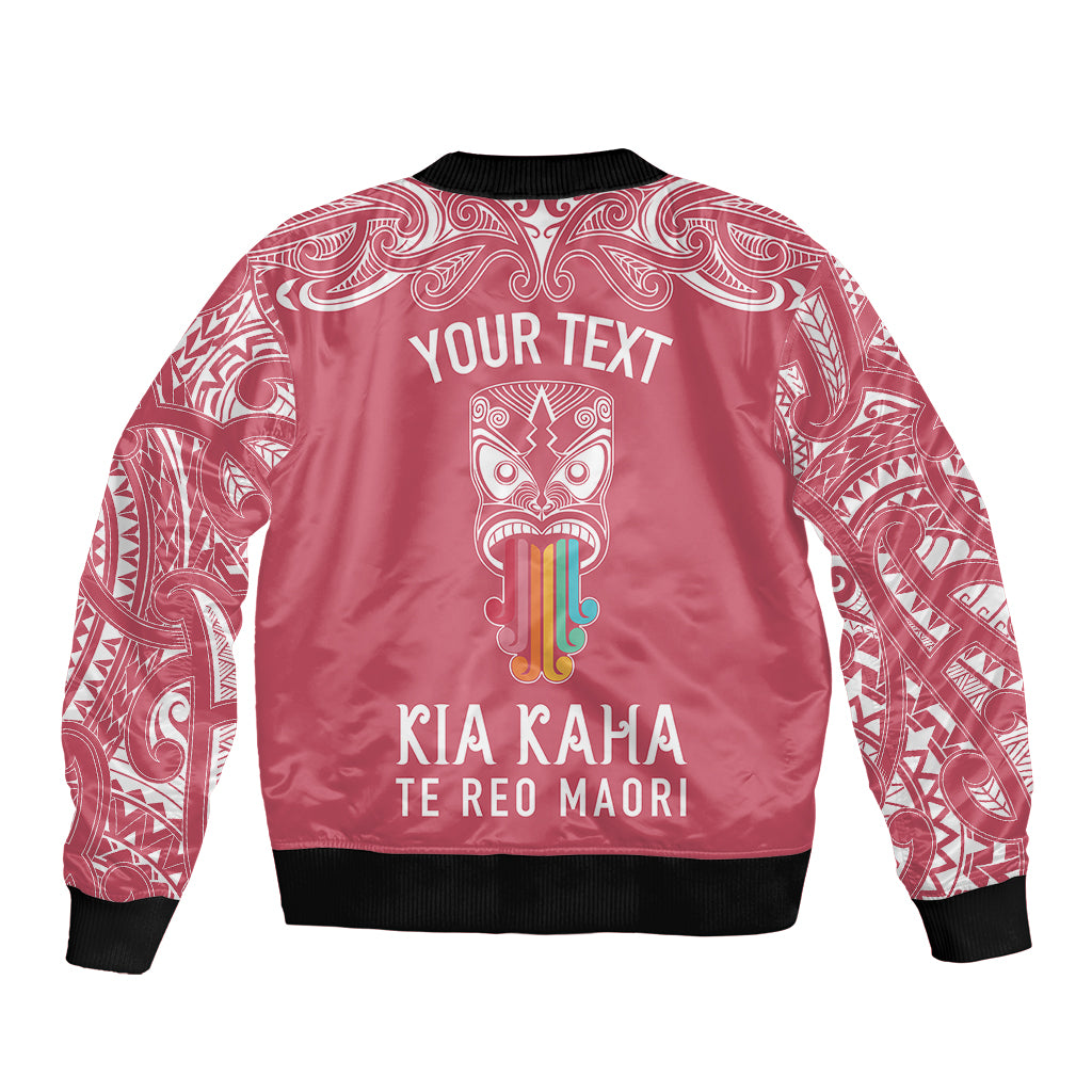 Personalised Kia Kaha Te Reo Maori Sleeve Zip Bomber Jacket Hei Tiki Mix Koru - Pink LT7 - Polynesian Pride