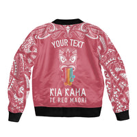 Personalised Kia Kaha Te Reo Maori Sleeve Zip Bomber Jacket Hei Tiki Mix Koru - Pink LT7 - Polynesian Pride