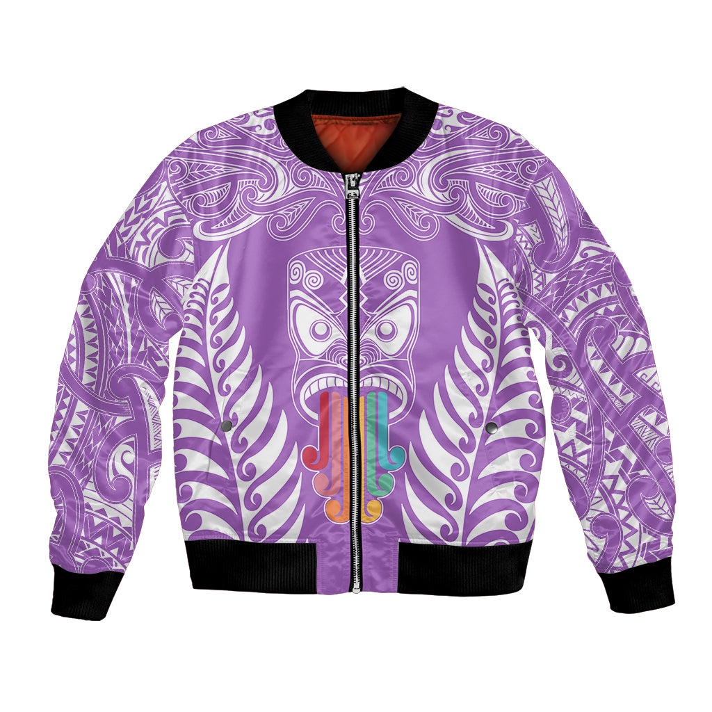 Personalised Kia Kaha Te Reo Maori Bomber Jacket Hei Tiki Mix Koru - Purple LT7 Unisex Purple - Polynesian Pride