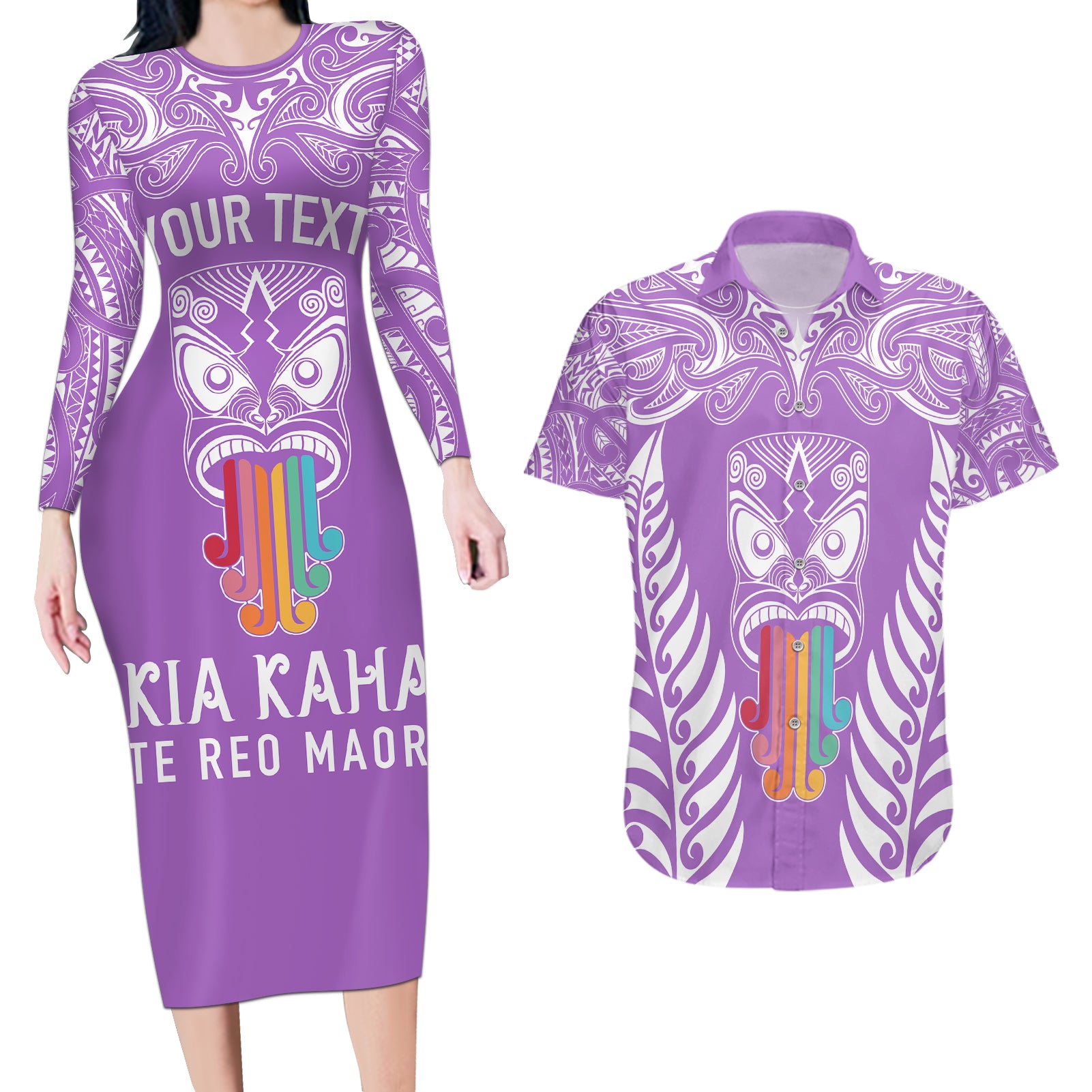 personalised-kia-kaha-te-reo-maori-couples-matching-long-sleeve-bodycon-dress-and-hawaiian-shirt-hei-tiki-mix-koru-purple