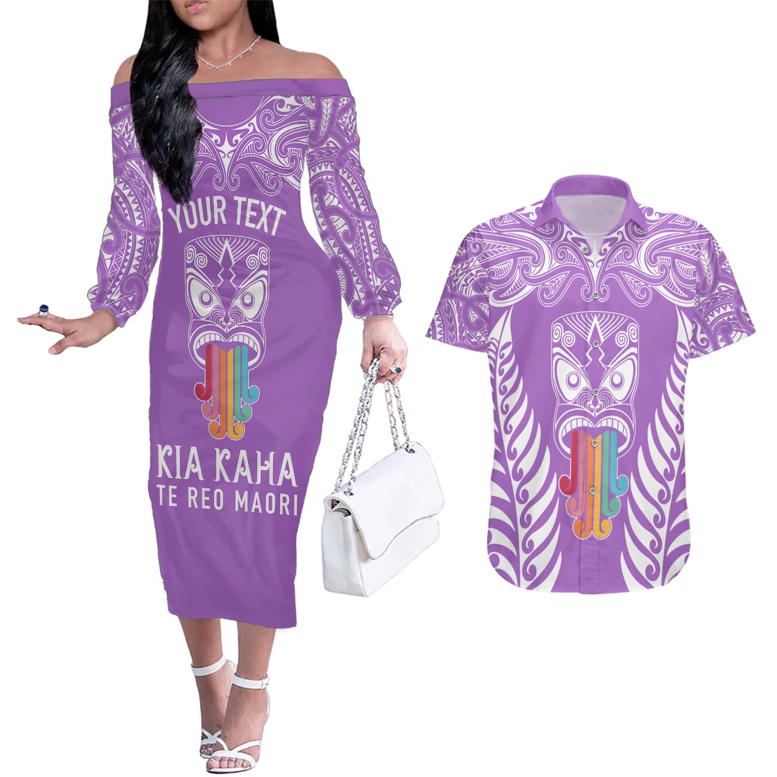 Personalised Kia Kaha Te Reo Maori Couples Matching Off The Shoulder Long Sleeve Dress and Hawaiian Shirt Hei Tiki Mix Koru - Purple LT7 Purple - Polynesian Pride