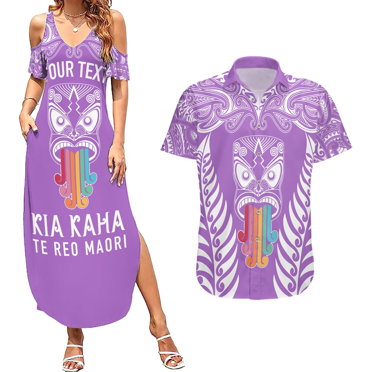 Personalised Kia Kaha Te Reo Maori Couples Matching Summer Maxi Dress and Hawaiian Shirt Hei Tiki Mix Koru - Purple LT7 Purple - Polynesian Pride