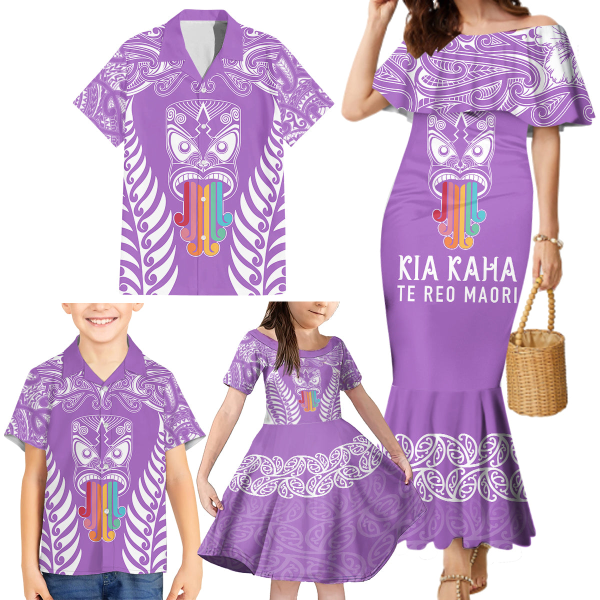 personalised-kia-kaha-te-reo-maori-family-matching-mermaid-dress-and-hawaiian-shirt-hei-tiki-mix-koru-purple